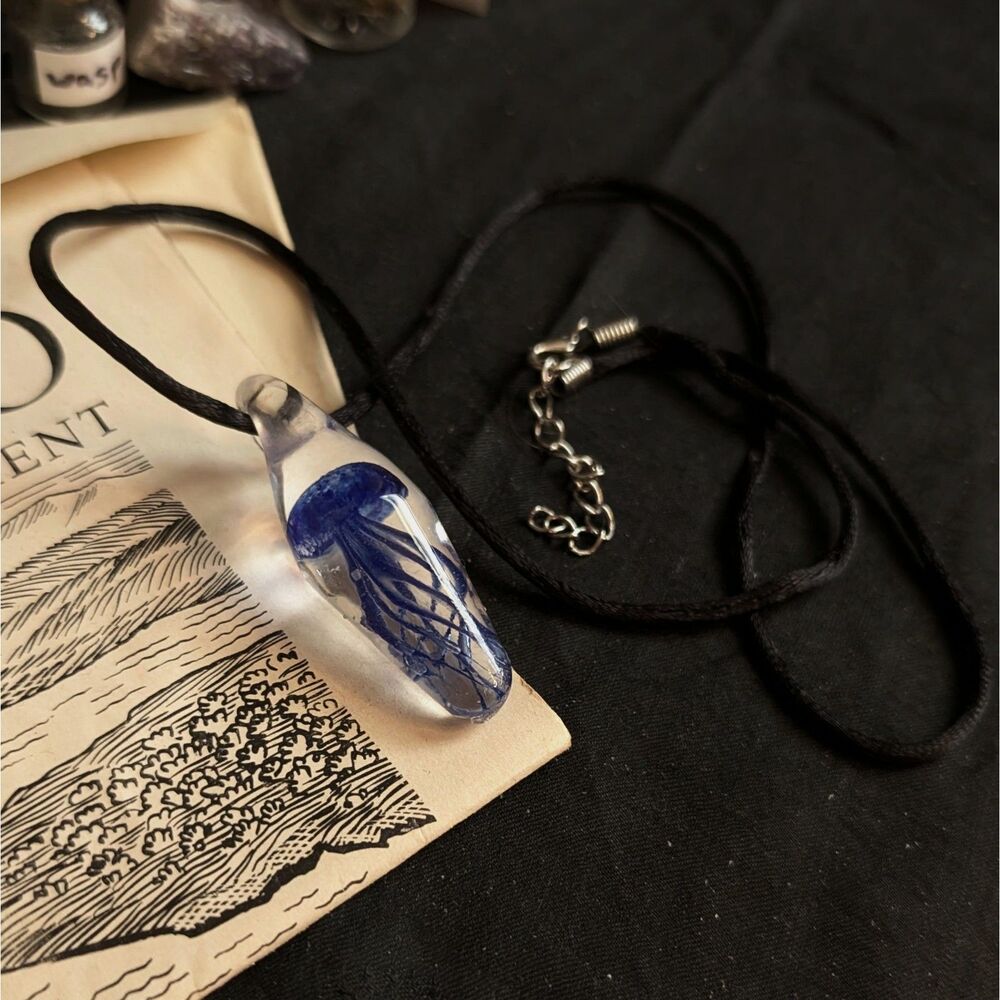 Jellyfish Hand Blown Glass Pendant Necklace Blue